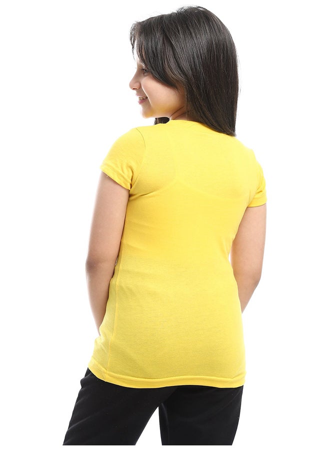 Andora Slip On Chest Printed Cotton Girls Tee _Mustard - Image 3
