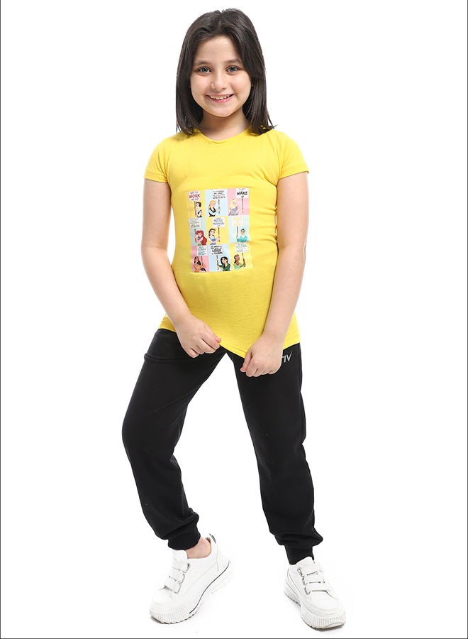 Andora Slip On Chest Printed Cotton Girls Tee _Mustard - Image 1