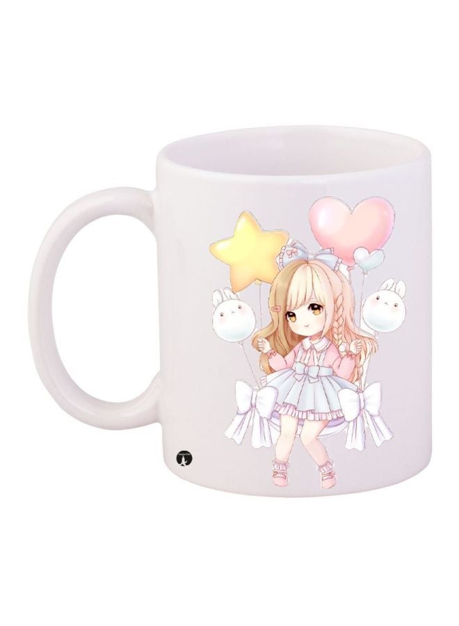 RYN Cartoon Printed Coffee Mug White/Yellow/Pink 11ounce