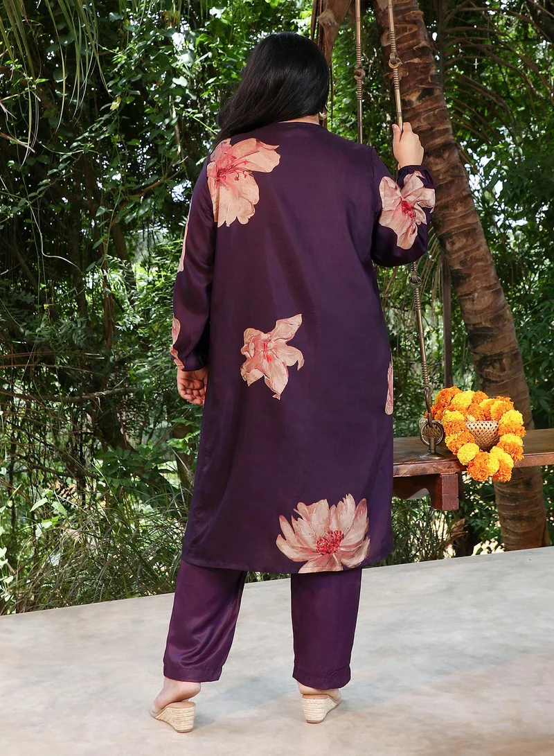 Instafab Plus Instafab Plus Women's Amethyst Purple Poppy Flora Kurti With Trousers For Ethnic Wear | Round Neck, Long Regular Sleeves | Floral Print Plain Fabric | 2 Piece Kurta Set For Casual & Evening Wear