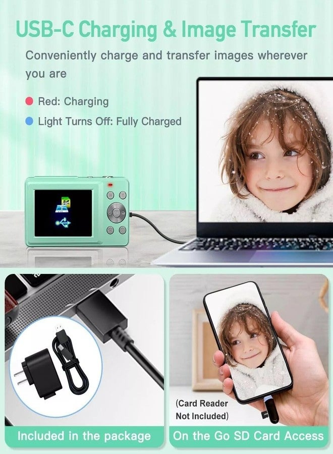 Dkian Kids Digital Camera 1080p 2 Batteries Lanyard 16X Zoom Anti Shake 44Mp Compact Portable Small Point and Shoot Digital Camera for Children Teens Girl Boy(Green) - Image 4