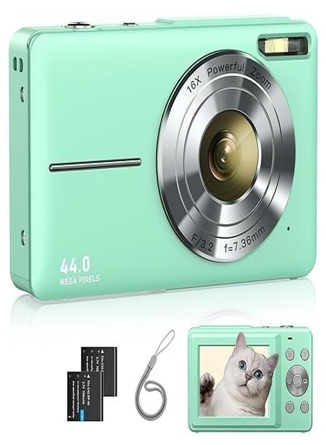 Dkian Kids Digital Camera 1080p 2 Batteries Lanyard 16X Zoom Anti Shake 44Mp Compact Portable Small Point and Shoot Digital Camera for Children Teens Girl Boy(Green) - Image 1