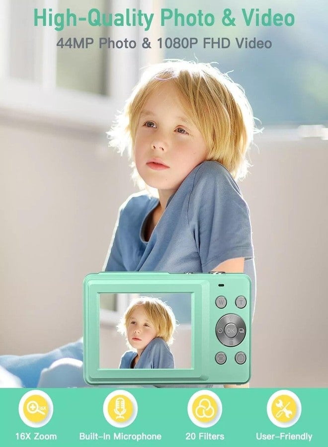 Dkian Kids Digital Camera 1080p 2 Batteries Lanyard 16X Zoom Anti Shake 44Mp Compact Portable Small Point and Shoot Digital Camera for Children Teens Girl Boy(Green) - Image 3