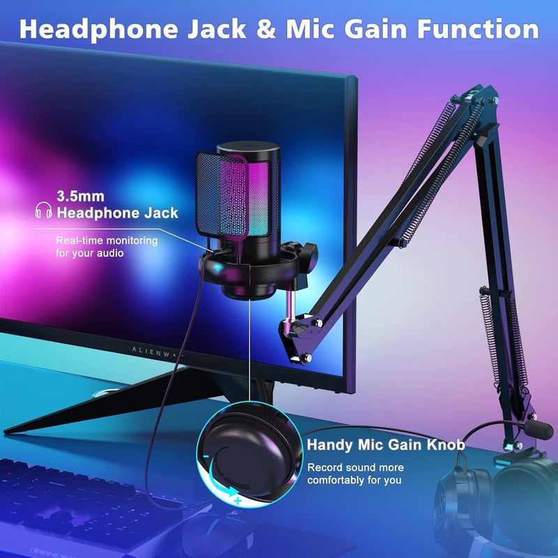 Cost saving user oriented build RGB Gaming Microphone with Adjustable Boom Arm, USB Condenser Mic with Quick Mute, Volume Control & Noise Reduction, Plug & Play for PC/PS5 Streaming, Podcast - Black Light sturdy raw material - Image 2
