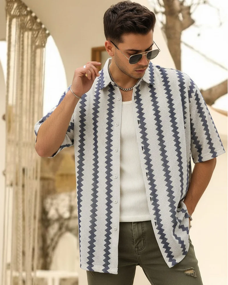 bewakoof Men's Off White & Blue Textured Oversized Shirt