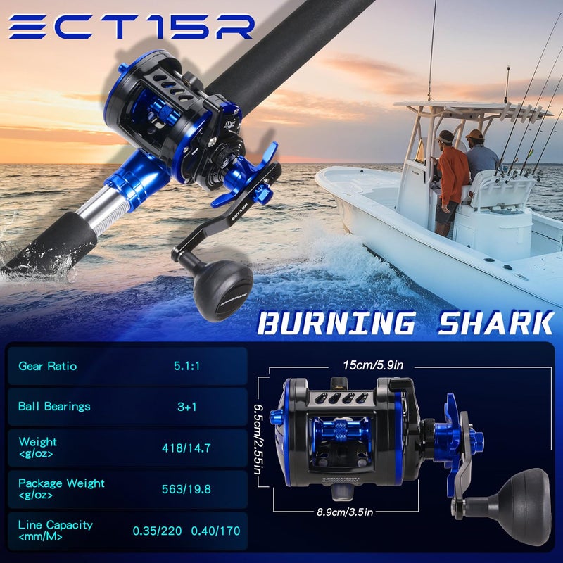 Burning Shark Fishing Reel Round Baitcasting Reel, Saltwater Inshore Surf Trolling Reel, Conventional Reel for Catfish, Musky, Bass, Pike -ECT15R - Image 4