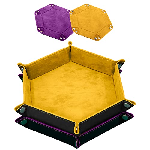 SIQUK 2 Pieces Dice Tray PU Leather Dice Folding Hexagon Tray Dice Holder for Dice Games Like RPG DND and Other Table Games Yellow Violet