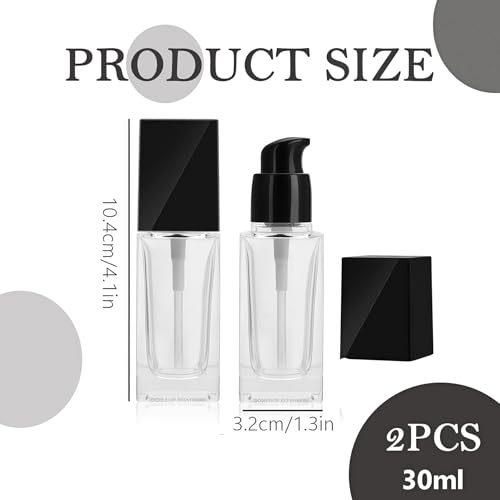 SYBL 2Pcs 1Oz Square Glass Pump Bottles Clear Lotion Containers with Black Pump Head Empty Travel Vials for Foundation Cleanser Essential Oils Liquids Cream - Image 2