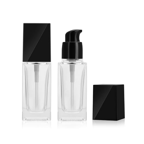 SYBL 2Pcs 1Oz Square Glass Pump Bottles Clear Lotion Containers with Black Pump Head Empty Travel Vials for Foundation Cleanser Essential Oils Liquids Cream - Image 1