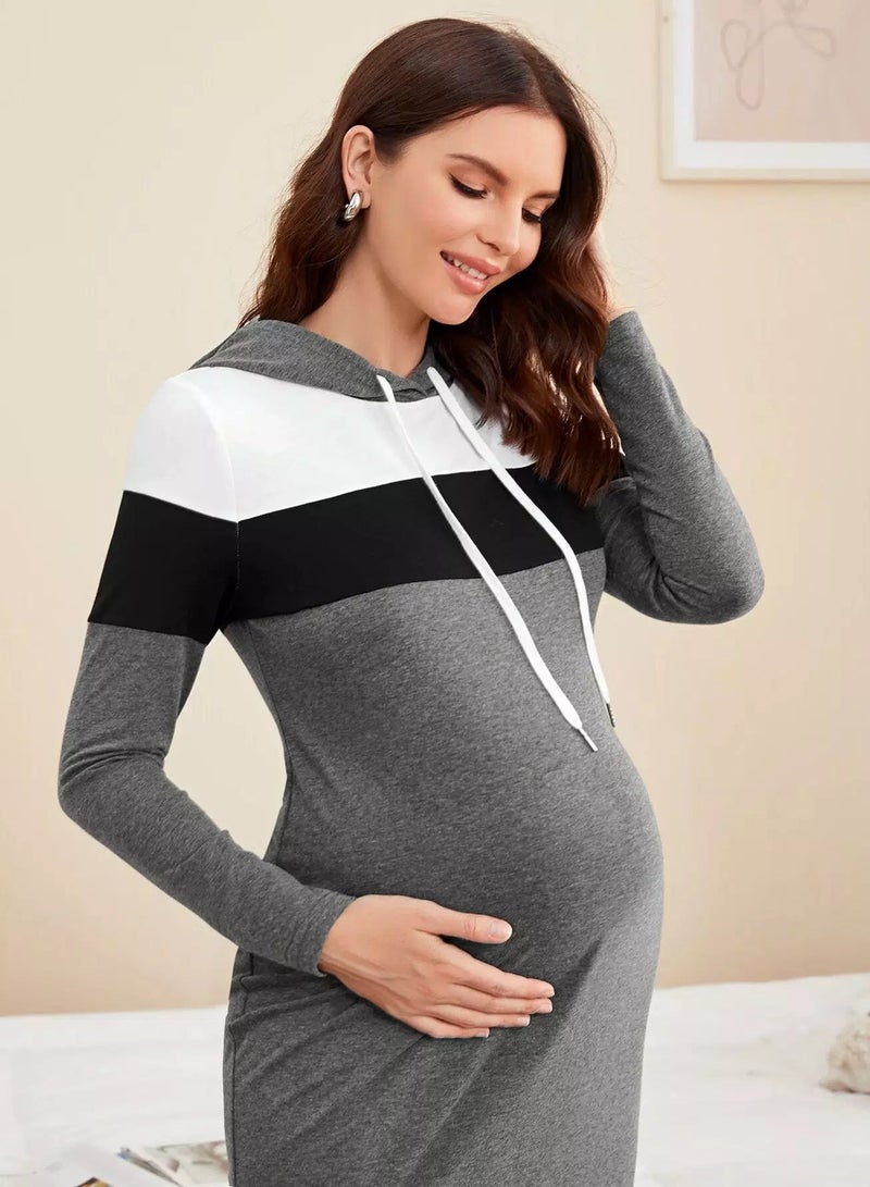 Maternity Colorblock Split Hem Drawstring Hooded Dress - Image 4