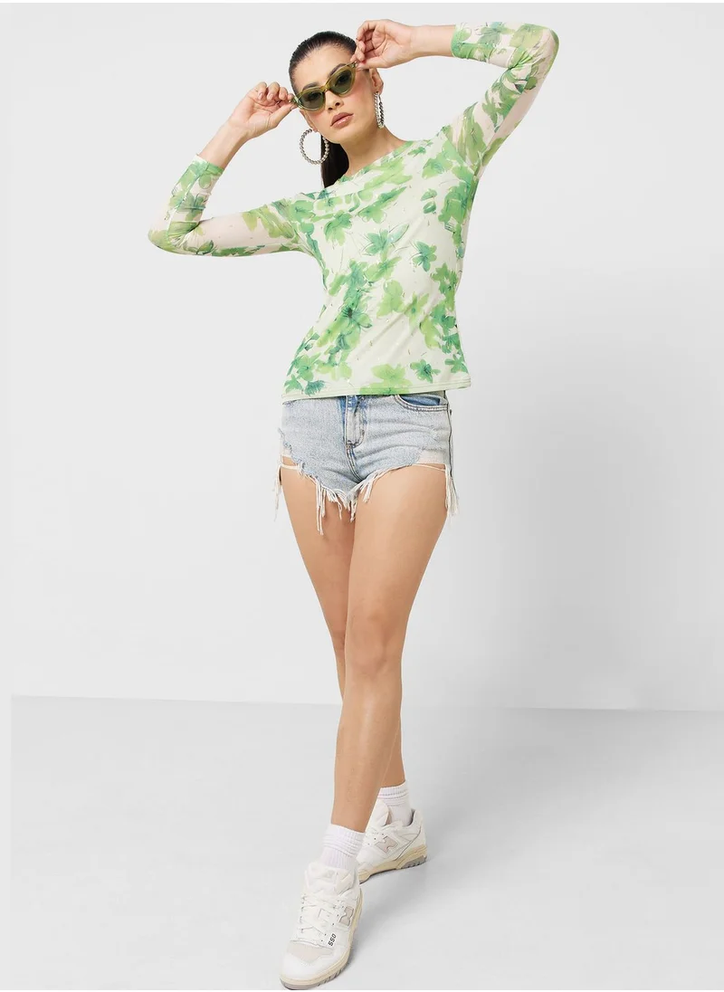 Ginger Mesh Floral Print Long Sleeves Top