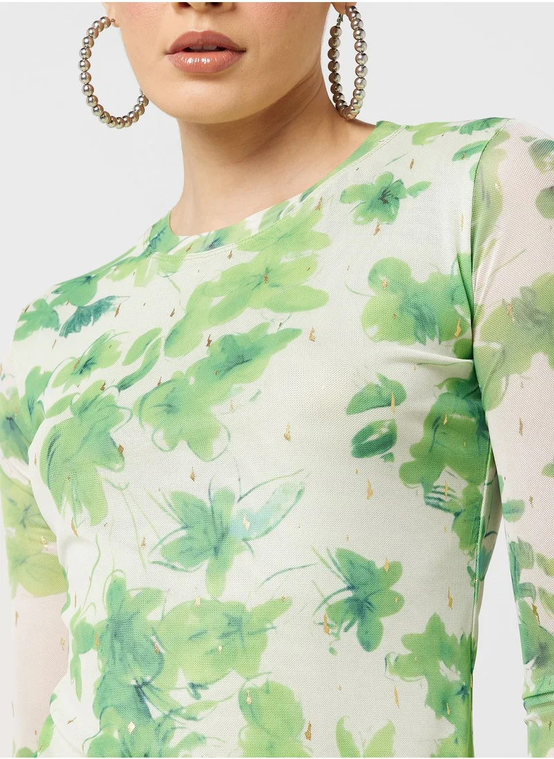 Ginger Mesh Floral Print Long Sleeves Top