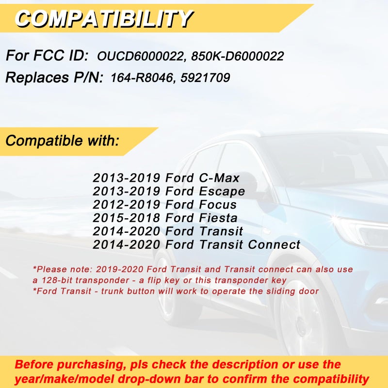 Vurkcy Key Fob Replacement for 2012-2019 Ford Focus/ 13-19 Escape C-Max/ 15-18 Fiesta/ 14-20 Transit Car Keyless Entry Remote Control, OUCD6000022, 4 Btn, 2Pcs - Image 2