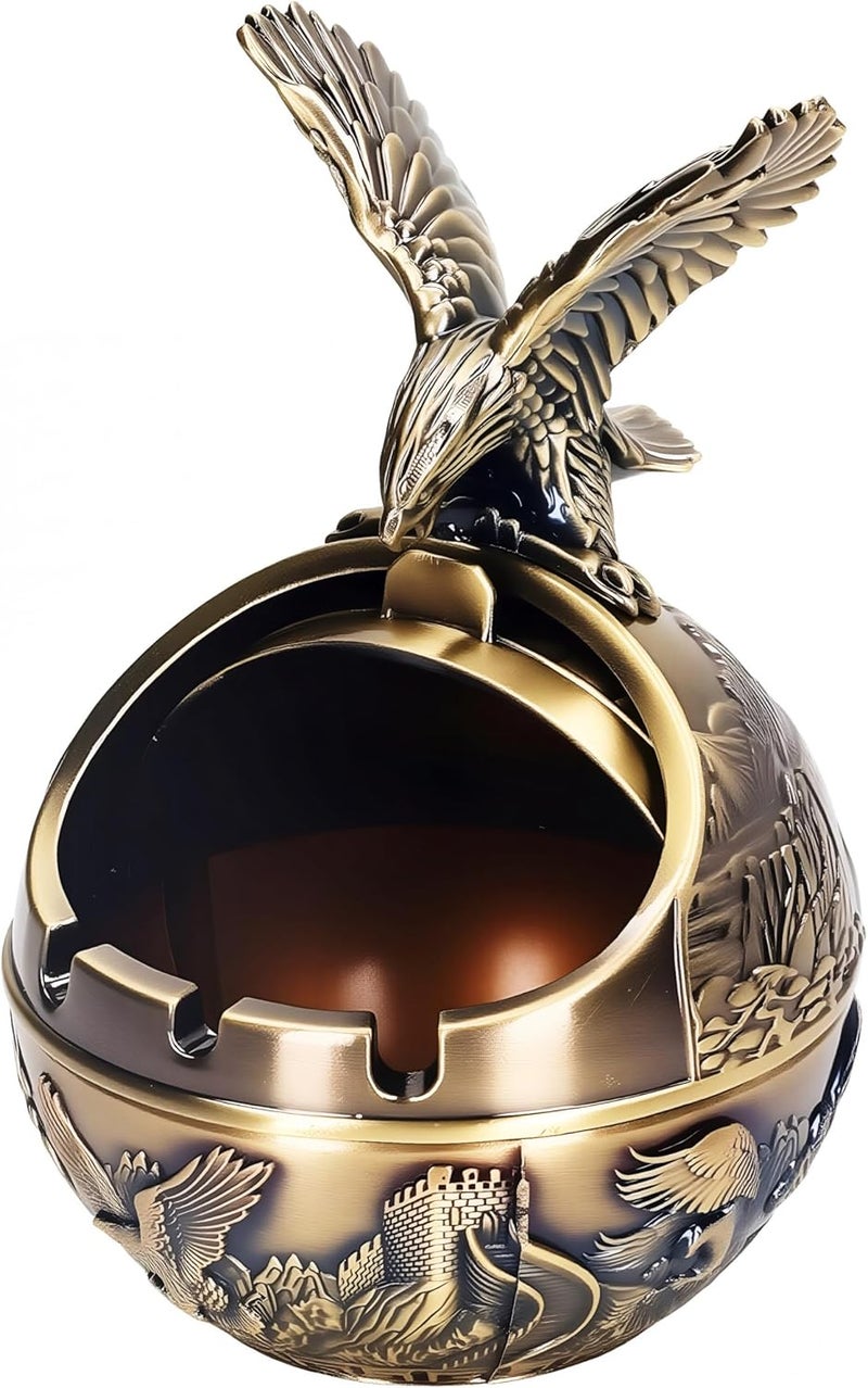 Stylitzy Vintage Ashtray with Lid for Cigarettes,Metal Windproof Smokeless Odorless Ash Tray Holder for Indoor Outdoor Decorative Hand-Carved Fancy Gift Ornament for Home Office (Bronze Eagle) - Image 1