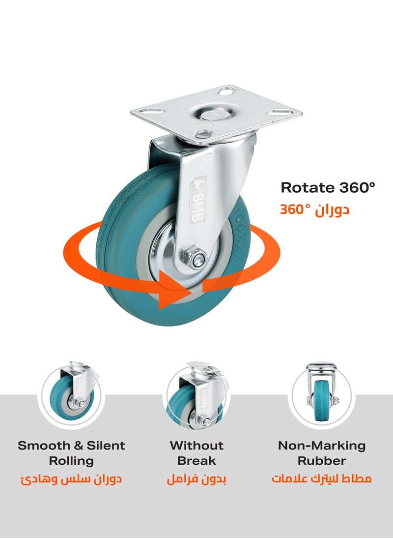 BMB tools 4-Piece Grey Rubber Caster - Plate - Swivel / 100mm  - Image 4