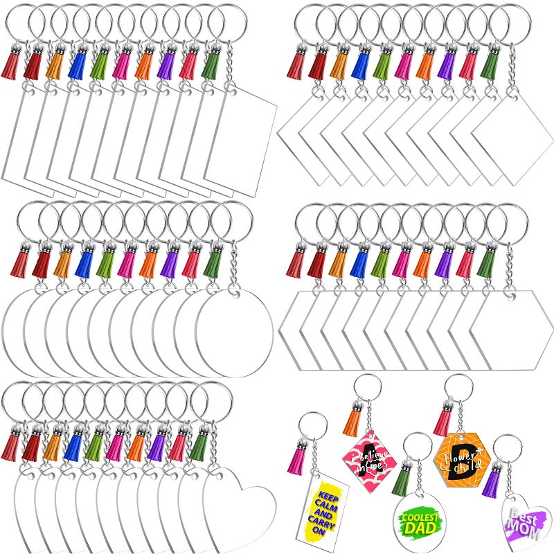 Cruzix 200Pcs Blank Keychains for Vinyl Acrylic Keychain Blanks Bulk with 5 Shapes Clear Acrylic Disc Leather Tassel Charms Key Chains Jump Ring for DIY Craft Ornament Engrave Painting 