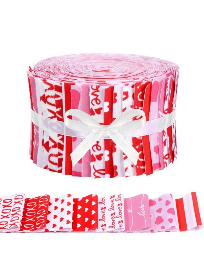 Bolsome 40 Pcs Valentine's Day Cotton Fabric Strips Red Pink White Love Hearts Stripes Fabric Bundles Romantic Strips for Quilting Crafting Precut Patchwork for Gift Sewing DIY Crafts - Image 1