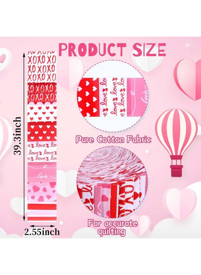 Bolsome 40 Pcs Valentine's Day Cotton Fabric Strips Red Pink White Love Hearts Stripes Fabric Bundles Romantic Strips for Quilting Crafting Precut Patchwork for Gift Sewing DIY Crafts - Image 2
