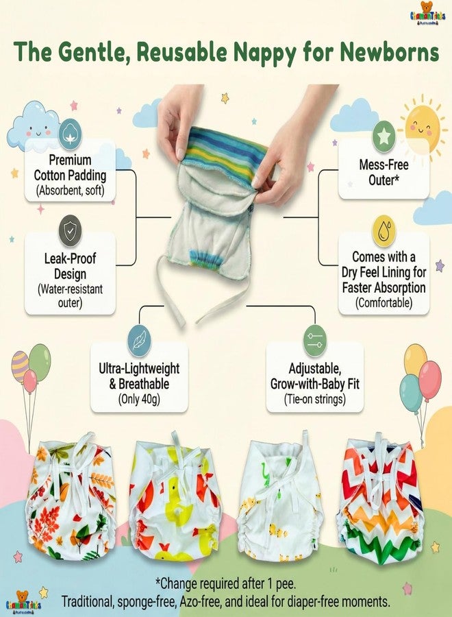 Chamantricks Newborn Langot - Pack of 4 | Reusable Cotton Baby Nappy with Leak-Resistant Outer | Adjustable Fit for Diaper-Free Time (Up to 10 kg) - Image 5