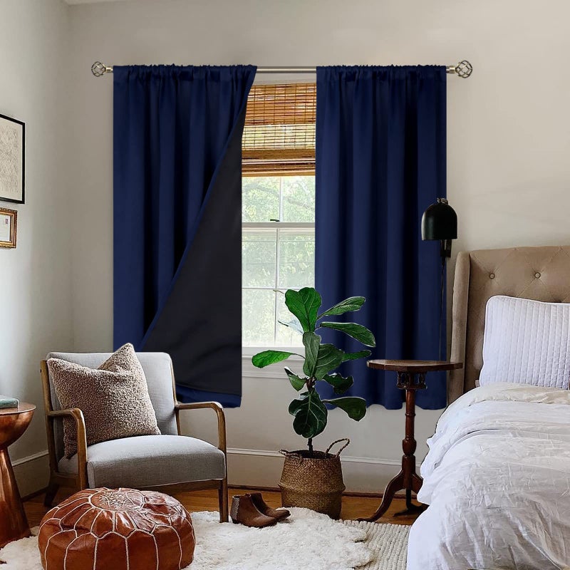 BGment بئسة معزولة حرارية بنسبة 100 ٪ ستائر لقطات نوم مع بطانة سوداء طبقة مزدوجة غرفة كاملة الضيق ضوضاء الستار جيب قضيب القضيب (42 × 63 بوصة الأزرق 2 لوحات) - Image 2