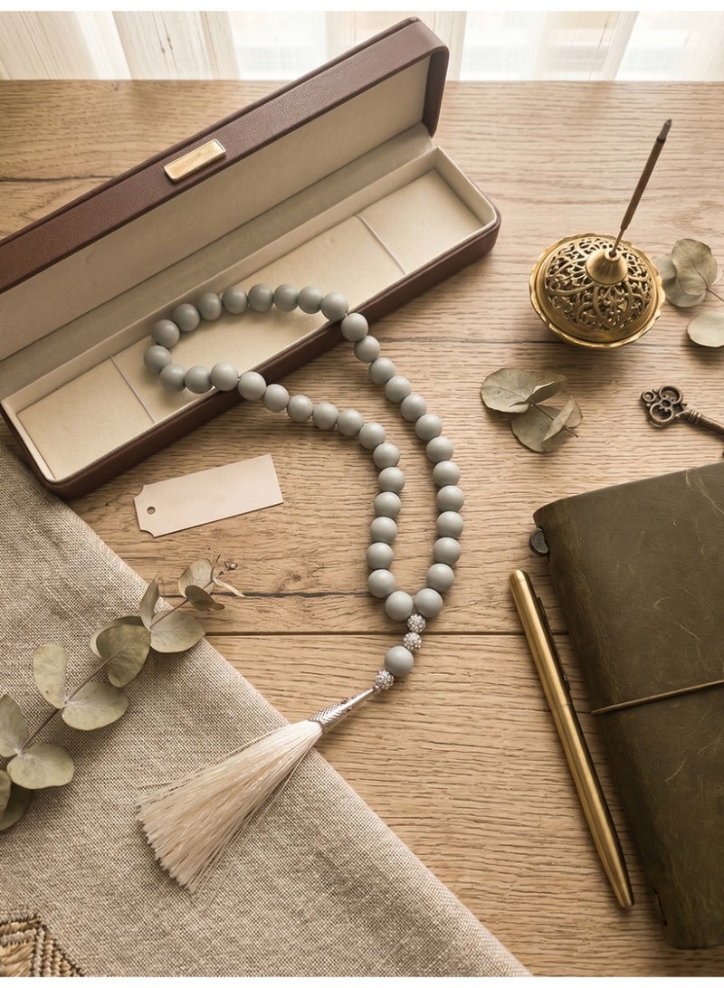 Slema Matte Grey 33 Tashiha Prayer Beads Tasbih 12mm, Muslim Misbaha Rosary with Cream Tassel for Daily Dhikr & Ramadan Eid Gift - Image 3