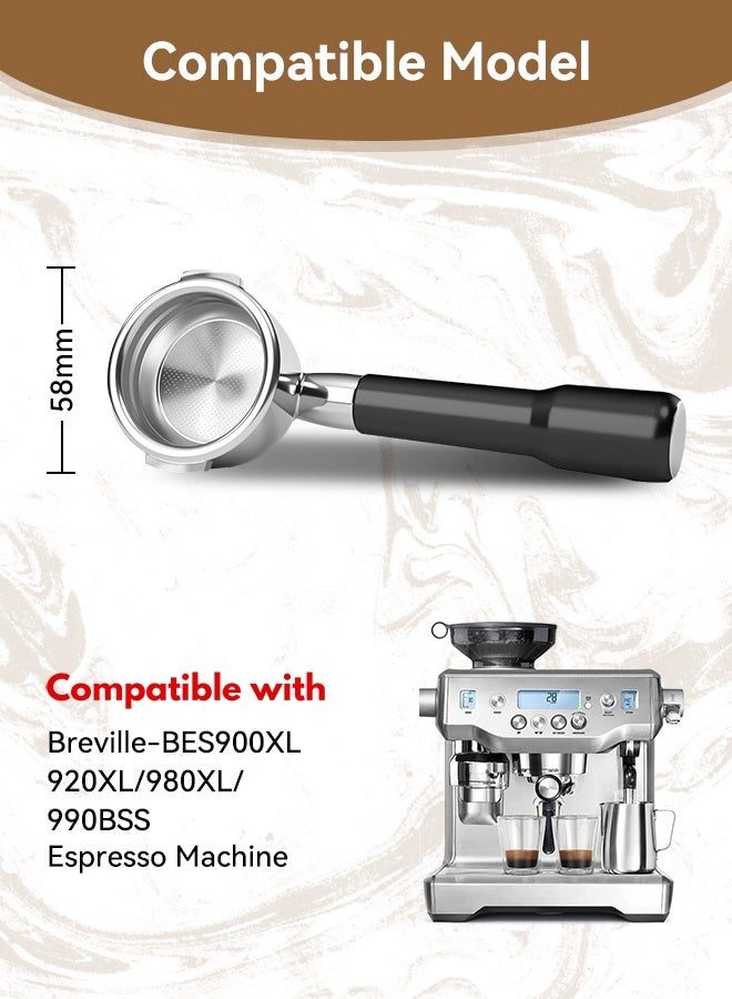 بشكل مختصر مِقْبَض مرشح قهوة بدون قاع مقاس 58 ملم، متوافق مع آلات الإسبريسو من السلسلة 9 موديلات BES900/920/980/990، مع سلة ترشيح ومقبض ذو أذنين. - Image 4