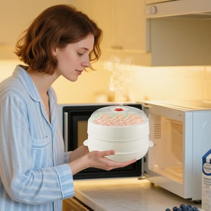 Microwave Steamer with Lid and Tray Kitchen Vegetable Steamer Heating Bowl for Dishes Meals Cooking Meat Dumpling Pasta Corn Bacon - Image 4