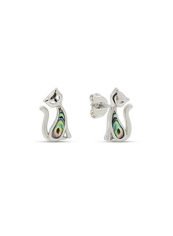 AFFY 14K White Gold Over Sterling Silver Natural Abalone Sitting Cat Stud Earrings Jewelry Gift For Womens With Push Backs - Image 3