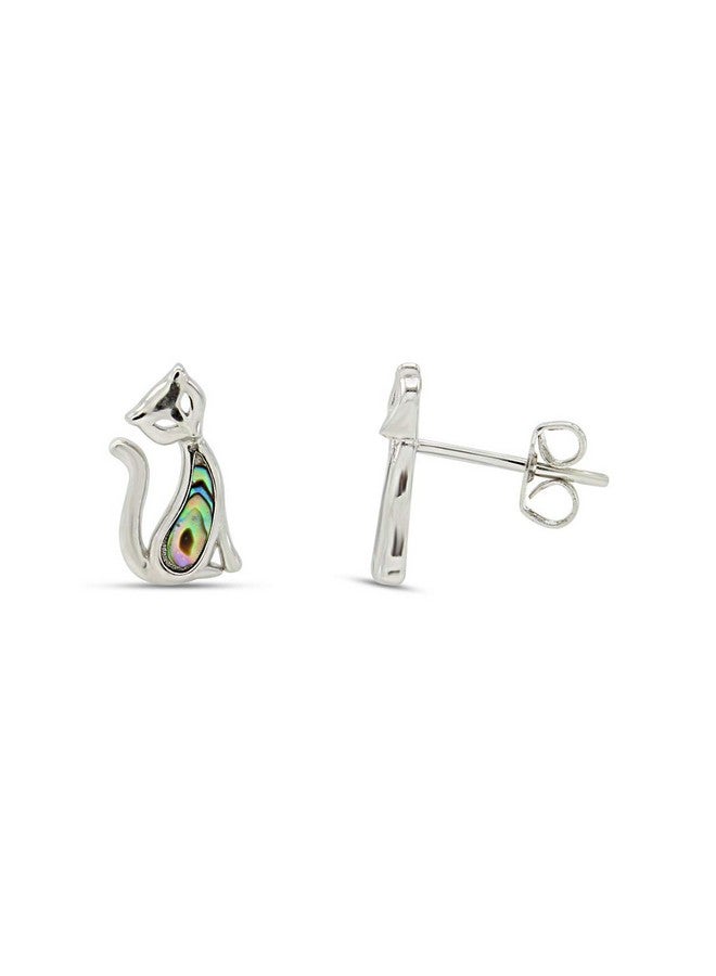 AFFY 14K White Gold Over Sterling Silver Natural Abalone Sitting Cat Stud Earrings Jewelry Gift For Womens With Push Backs - Image 2