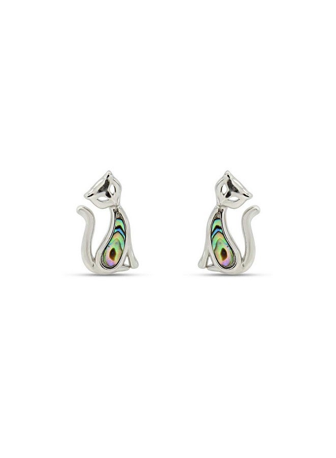 AFFY 14K White Gold Over Sterling Silver Natural Abalone Sitting Cat Stud Earrings Jewelry Gift For Womens With Push Backs - Image 1