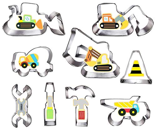 LUBTOSMN Construction Cookie Cutter Set-3 Inches-9 Piece- Excavator Digger Bulldozer Dump Truck Hammer Wrench Construction Tools Cutters Molds for Kids Construction Themed Party - Image 1