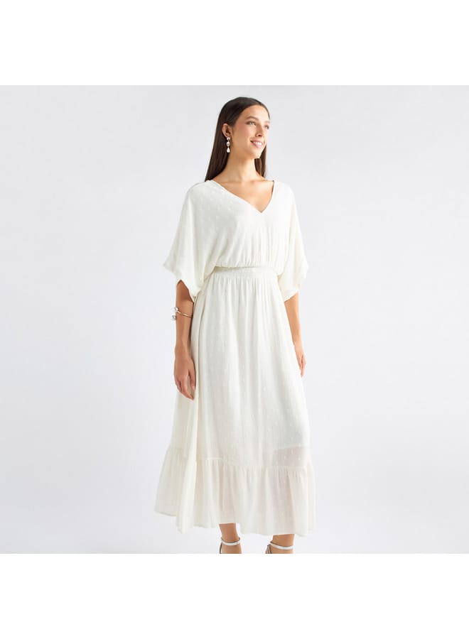 Splash FAV Textured V-neck Dress with Extended Sleeves and Flounce Hem  - Image 2