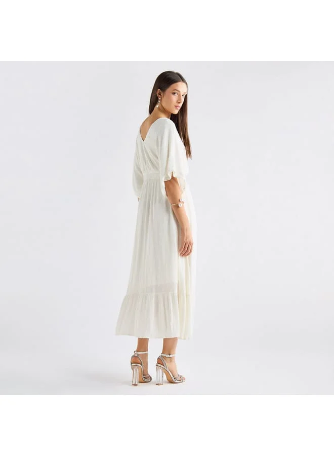 Splash FAV Textured V-neck Dress with Extended Sleeves and Flounce Hem