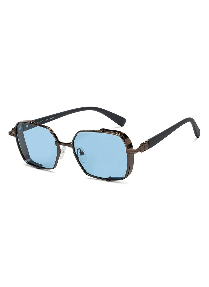 VINCENT CHASE Vincent Chase By Lenskart | Gold Blue Full Rim Hexagonal | Maverick | Branded Latest and Stylish Sunglasses | Polarized and 100% UV Protected | Men & Women | Large | VC S15760