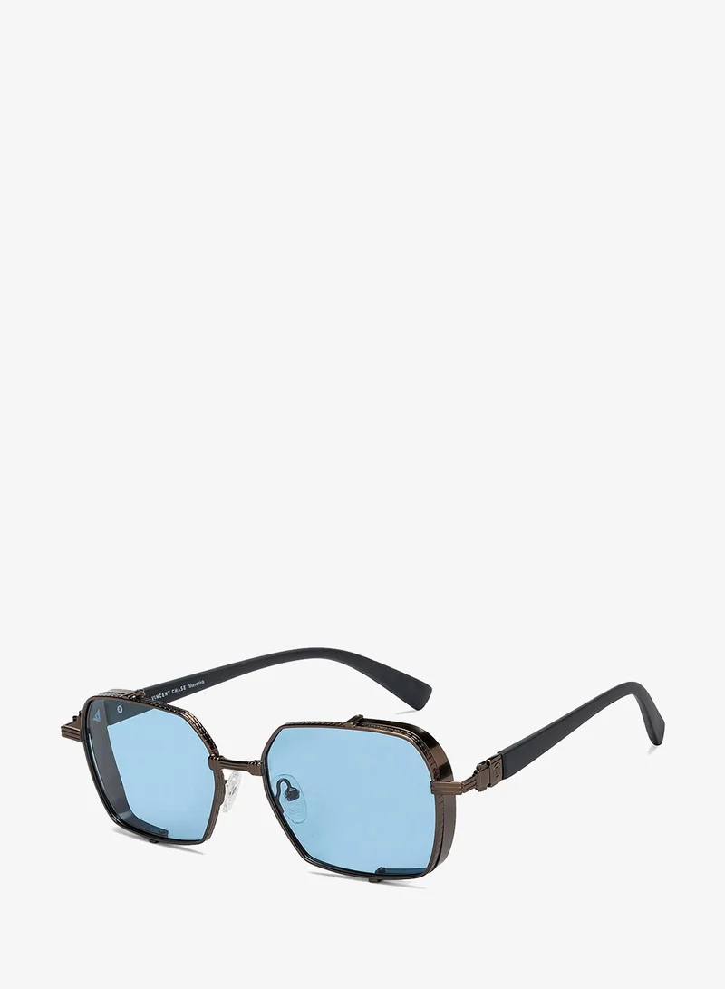 VINCENT CHASE Vincent Chase By Lenskart | Gold Blue Full Rim Hexagonal | Maverick | Branded Latest and Stylish Sunglasses | Polarized and 100% UV Protected | Men & Women | Large | VC S15760
