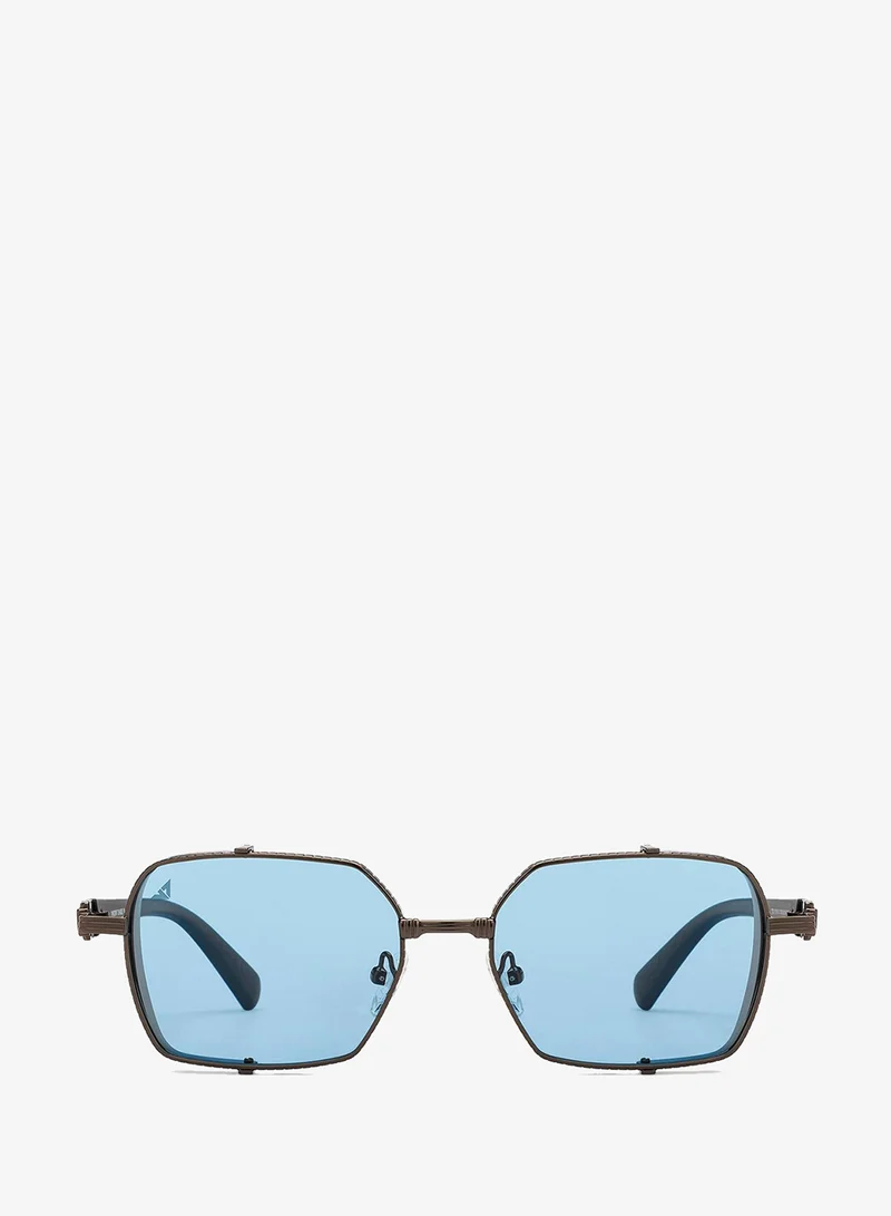 VINCENT CHASE Vincent Chase By Lenskart | Gold Blue Full Rim Hexagonal | Maverick | Branded Latest and Stylish Sunglasses | Polarized and 100% UV Protected | Men & Women | Large | VC S15760