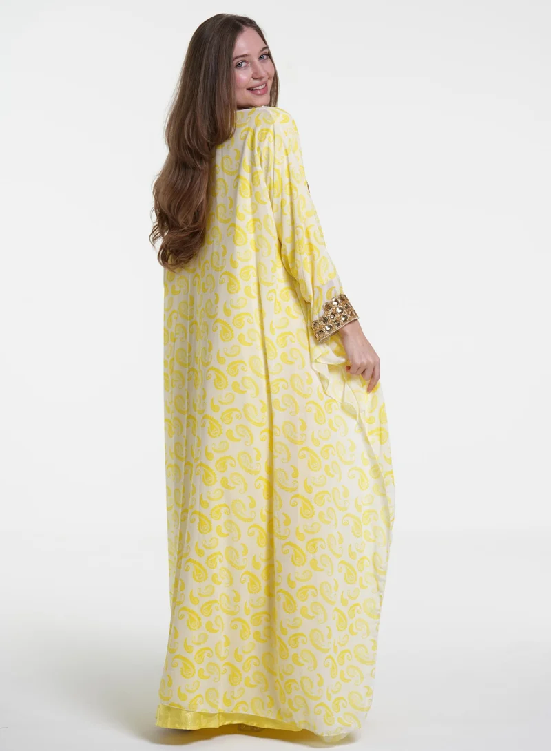 AL BENT AL SHARQIEH yellow embroidred jalabiya kaftan dress for Women | Best Price UAE