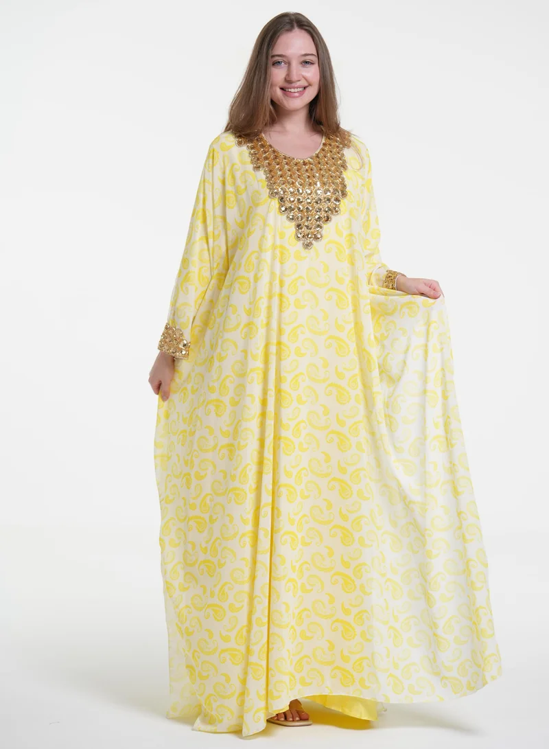 AL BENT AL SHARQIEH yellow embroidred jalabiya kaftan dress for Women | Best Price UAE