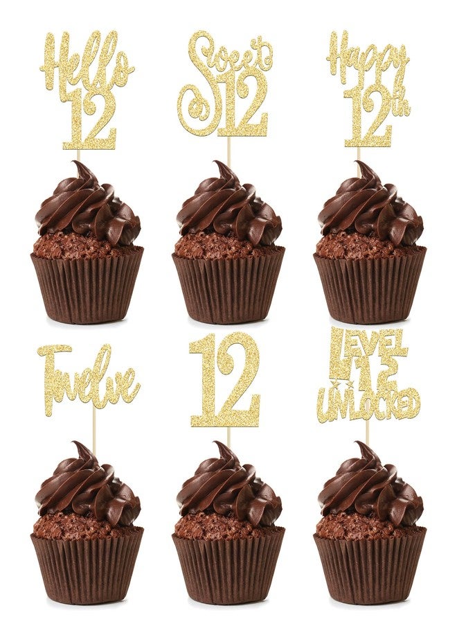 Ephlyn 36Pcs Gold Glitter 12th Birthday Cupcake Toppers Hello 12 Sweet 12 Twelve Cake Decorations Sweet 12 Cupcake Picks for 12th Birthday Party Cake Decorations Supplies - Image 1