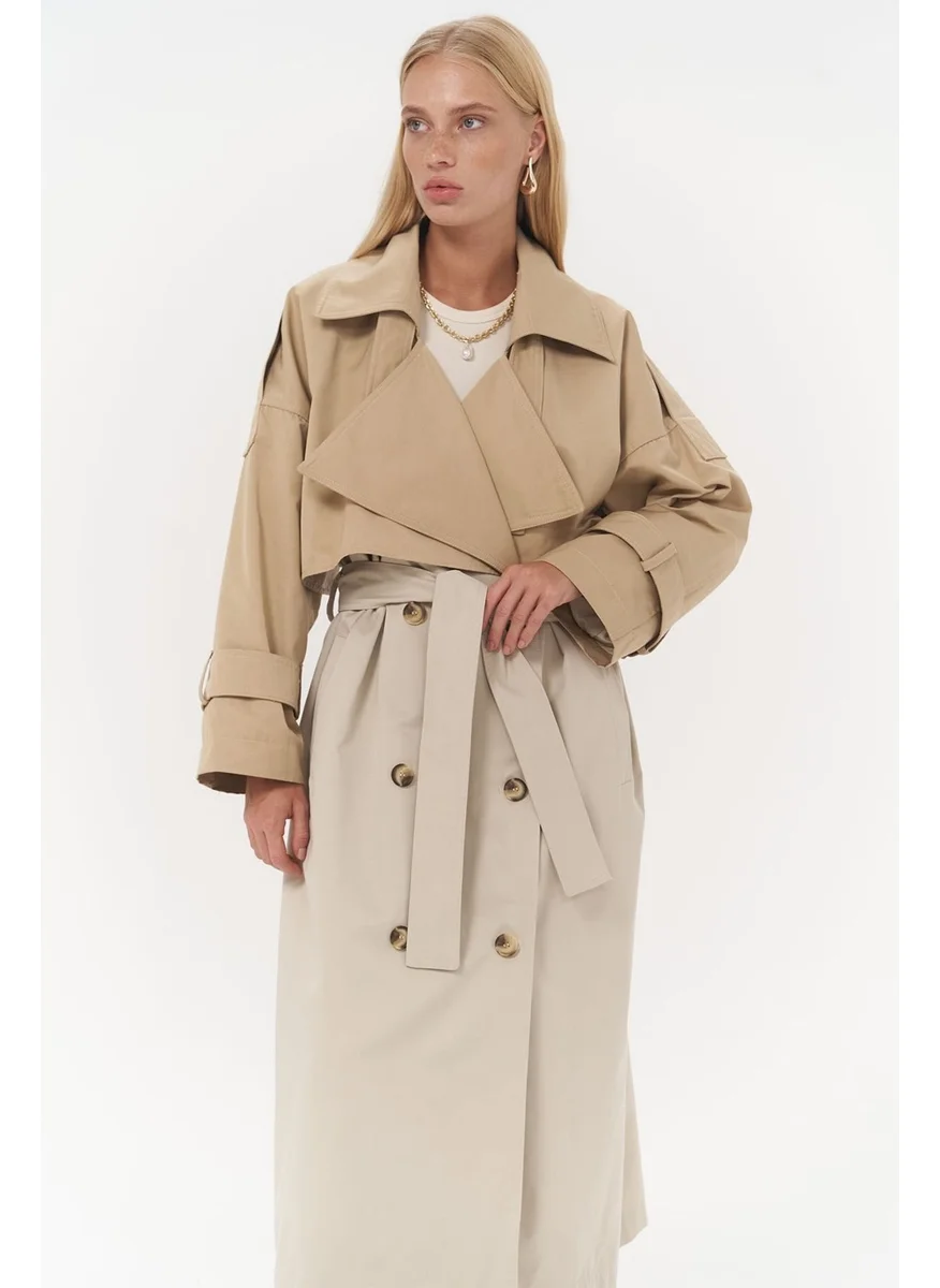 Mai Collection Bellamy Mink Garnish Beige Trench Coat