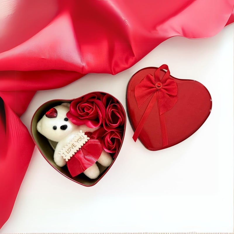 Go Hooked Go Hooked Valentine’s Day Décor Set Teddy and Roses in Artificial Heart Shaped Tin Box Valentine Gift Box  - Image 3