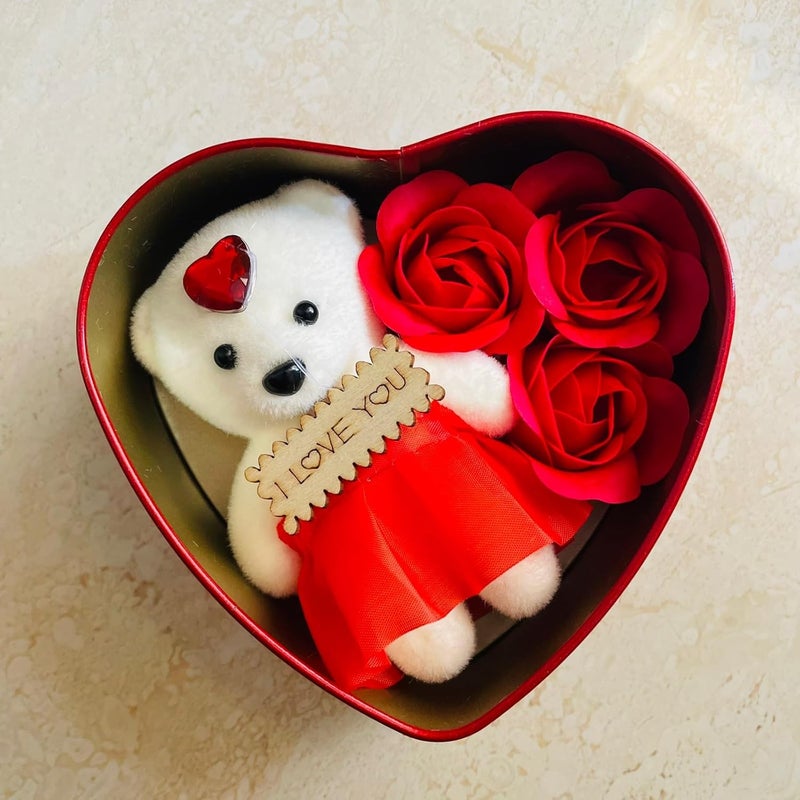 Go Hooked Go Hooked Valentine’s Day Décor Set Teddy and Roses in Artificial Heart Shaped Tin Box Valentine Gift Box  - Image 4