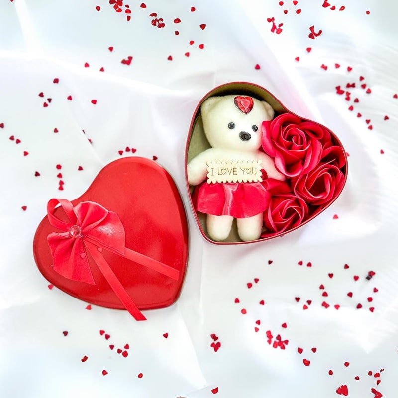 Go Hooked Go Hooked Valentine’s Day Décor Set Teddy and Roses in Artificial Heart Shaped Tin Box Valentine Gift Box  - Image 2