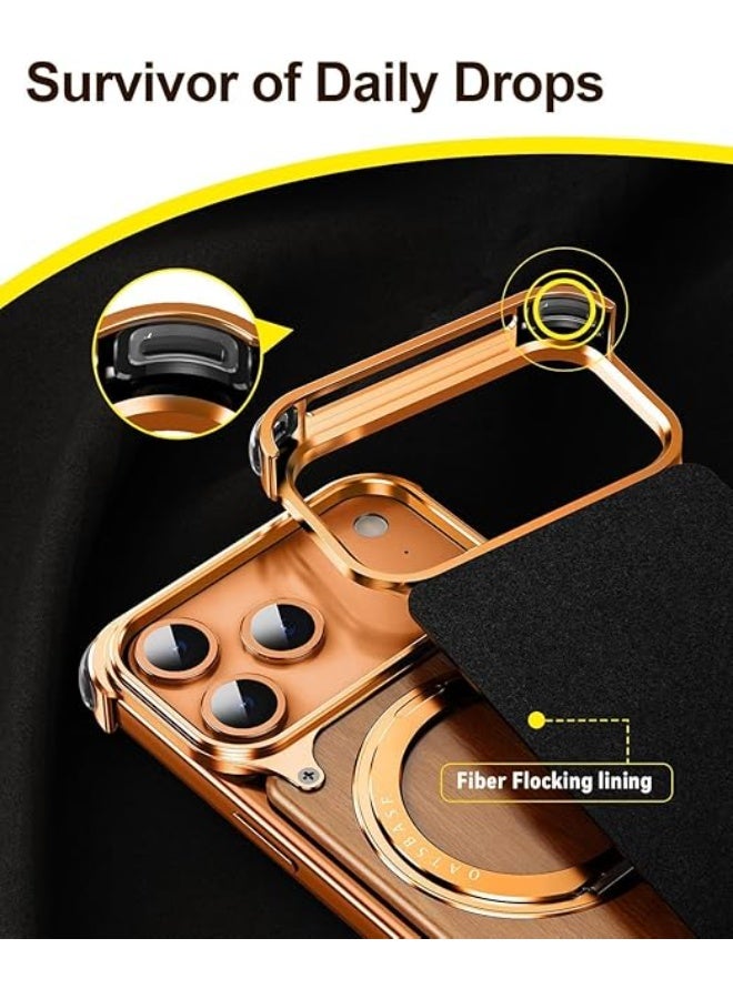 أوتس باسف غطاء معدني بدون إطار لهاتف iPhone 17 Pro Max بتصميم حبيبات الخشب وحامل قابل للدوران 360 درجة، متوافق مع MagSafe، لون برتقالي - Image 4