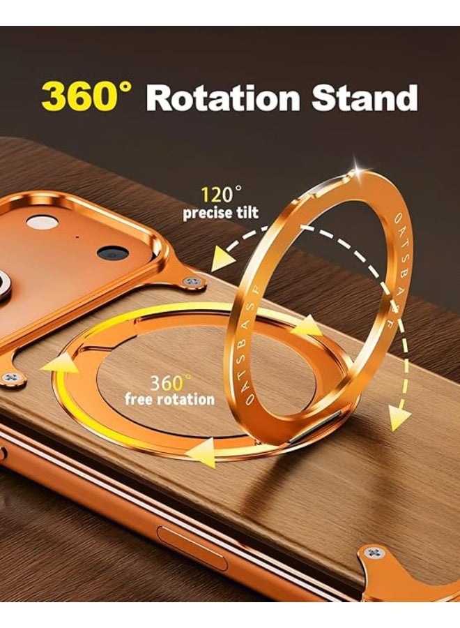 أوتس باسف غطاء معدني بدون إطار لهاتف iPhone 17 Pro Max بتصميم حبيبات الخشب وحامل قابل للدوران 360 درجة، متوافق مع MagSafe، لون برتقالي - Image 3