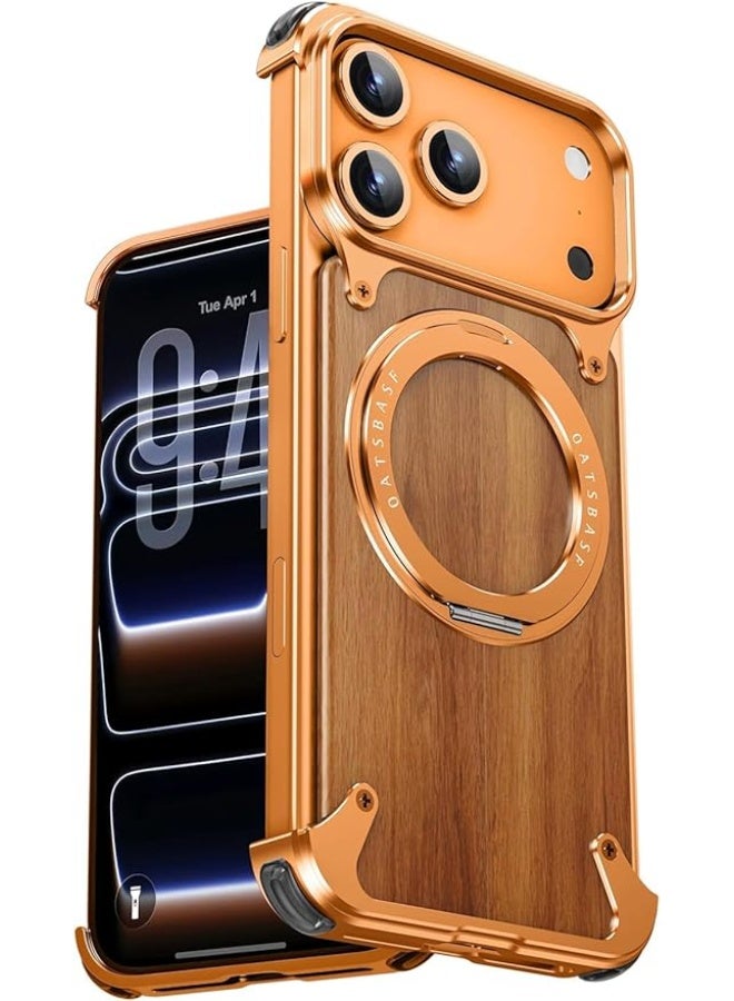 أوتس باسف غطاء معدني بدون إطار لهاتف iPhone 17 Pro Max بتصميم حبيبات الخشب وحامل قابل للدوران 360 درجة، متوافق مع MagSafe، لون برتقالي - Image 1