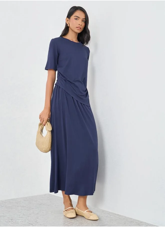 تايك تو Take Two Women Dark Blue Asymmetric Hem Top and Skirts Co-Ords