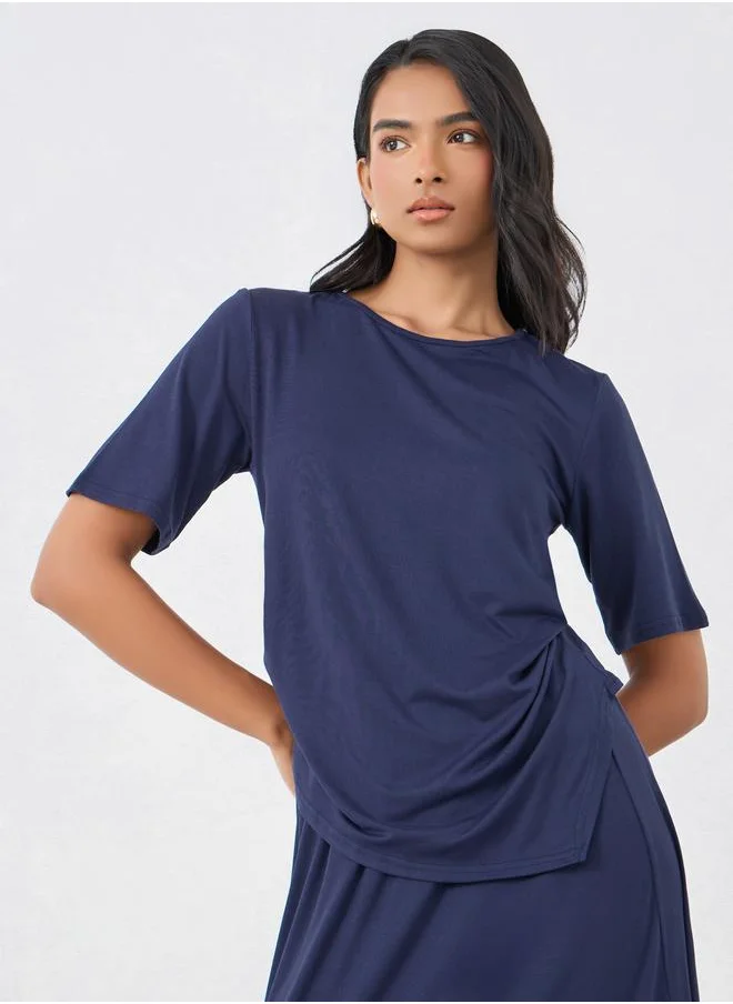 تايك تو Take Two Women Dark Blue Asymmetric Hem Top and Skirts Co-Ords