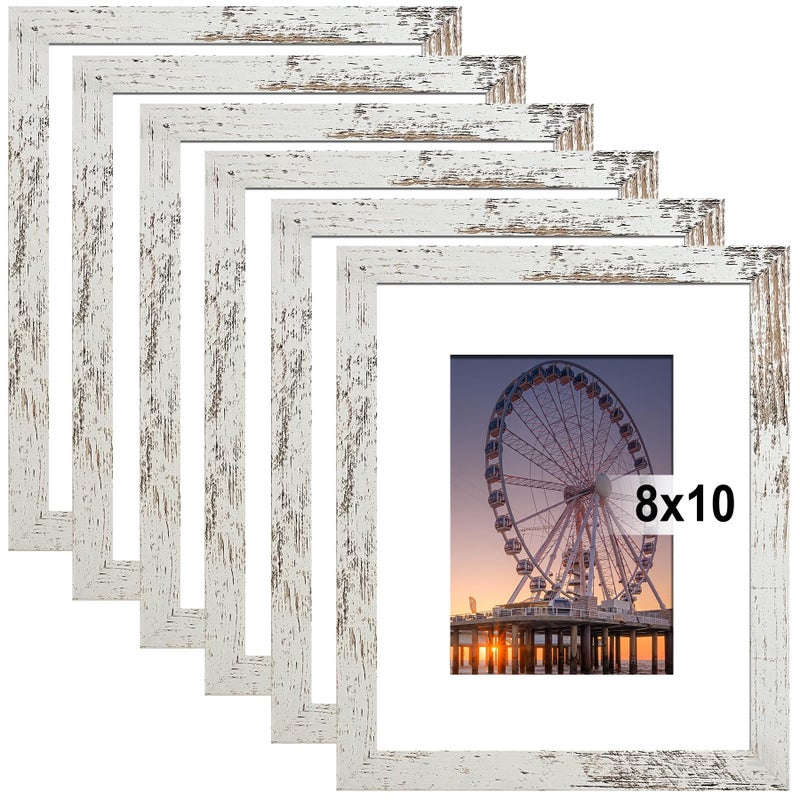 BESCRCL 8x10 Picture Frame Distressed White Set of 6, Display Pictures 5x7 with Mat or 8x10 Without Mat for Wall Mounting or TableTop - Image 1