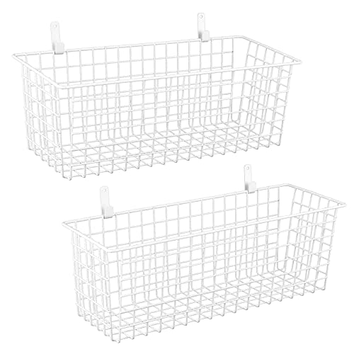 KINLINK 2 Sets Extra Large Hanging Wall Basket, White Metal Wire Baskets with Steel Hooks for Organizing, WallmountedFruit Vegetable Toy Snack Storage, Home Kitchen Bathroom Laundry Pantry Organizer - Image 1